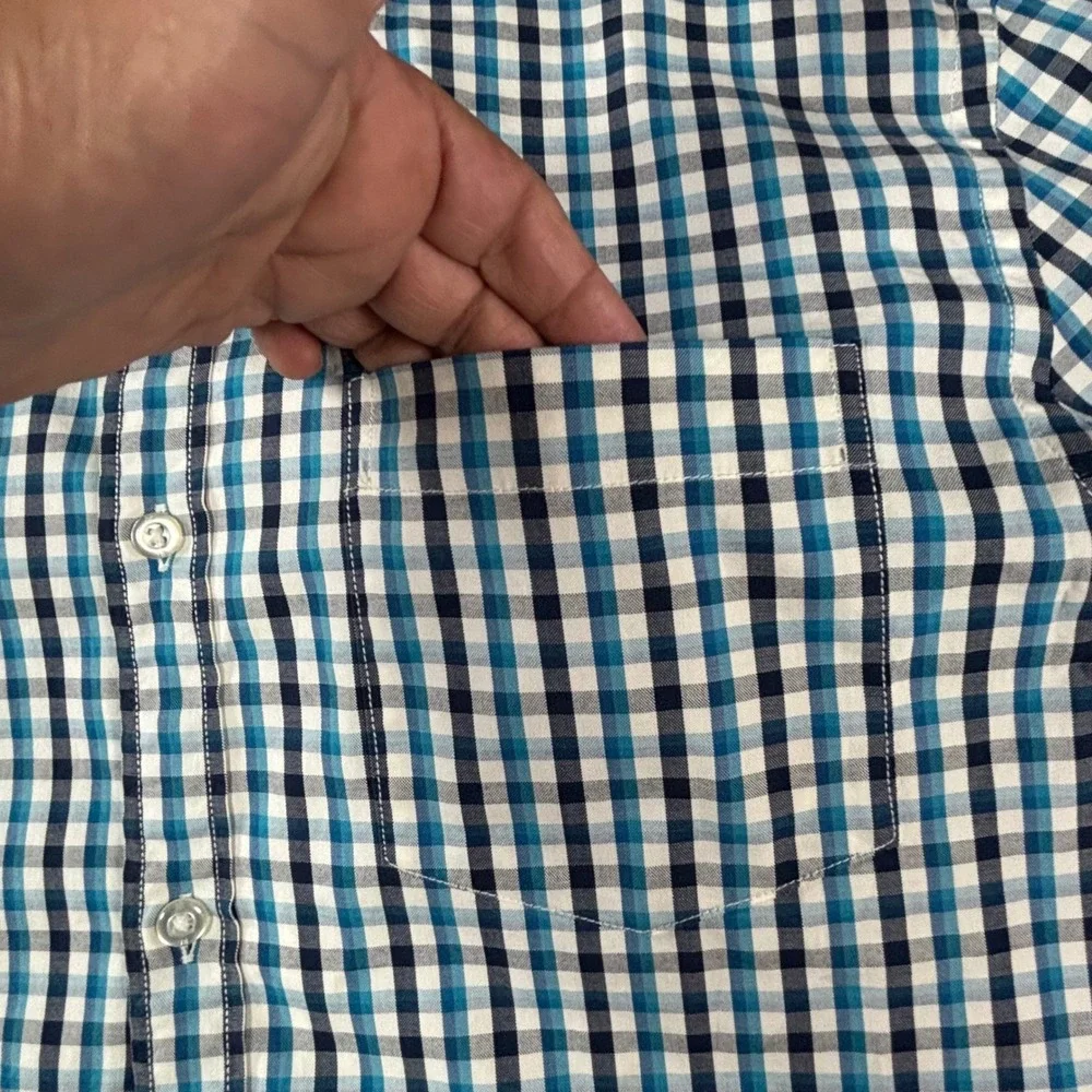 Banana Republic Grant Fit Mens L Blue Gingham Cotton Stretch Oxford Shirt